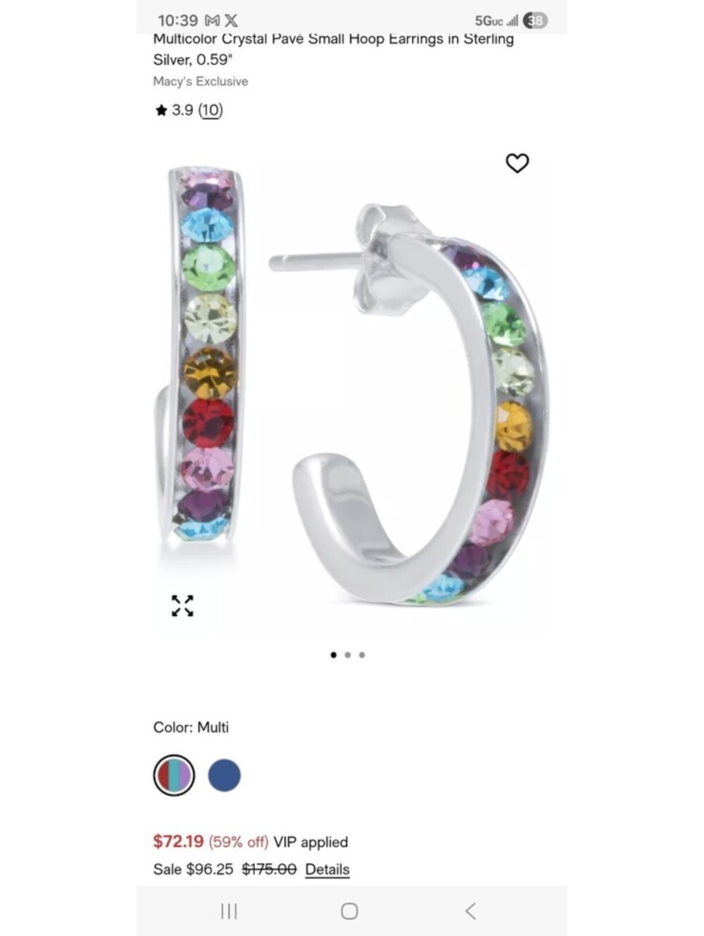 Sterling Silver Multicolor Crystal Pavé Small Hoop Earrings 0.625 in - Picture 5 of 6